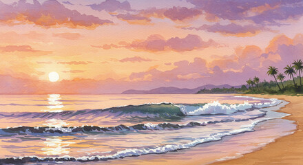 Obraz premium Watercolor Beach Waves at Sunset in Tropical Serenity