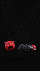 Newton's cradle unhappy emoji concept. Unfriendly and sad emoticons swinging as Newton's Laws of Motion. Many stress emoticons with panic, abuse and crying expressions perpetual motion illustrat idea.