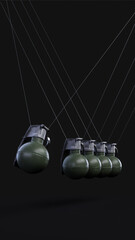 Newton's cradle hand grenades concept, Green hand grenades swinging as Newton's Laws of Motion. Grenades perpetual motion animation idea.