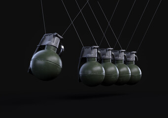 Newton's cradle hand grenades concept, Green hand grenades swinging as Newton's Laws of Motion. Grenades perpetual motion animation idea.
