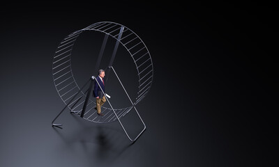 Man in suit walking inside of harmster wheel. Endless repetitive work symbol. Everyday routine of man at work illustration.