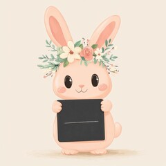 Cute pastel pink rabbit with floral crown holding a blank sign