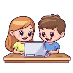 Two cartoon kids sit at a table, looking at a laptop