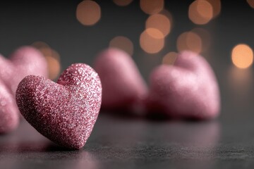 Fototapeta premium Pink glitter hearts on a dark surface, bokeh background