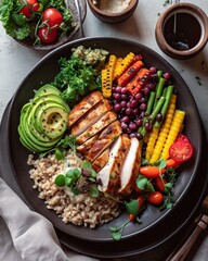 Healthy lunch plate with grilled chicken, vegetables, and grains, healthy chicken and avocado power bowl with rice and vegetables