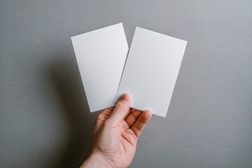 Obraz premium A hand holds two blank, white cards against a gray background