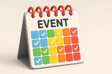 Colorful desktop calendar with Event text and checkmarks, symbolizing scheduling and time management for effective planning