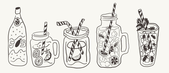 summer drinks set in hand drawn style in vector. Elements for design advertisement stickers posts poster print postcard banner menu decor backgrounds