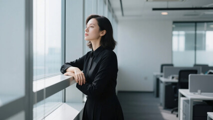 A woman in a modern office space, leaning on a window ledge and looking outside.