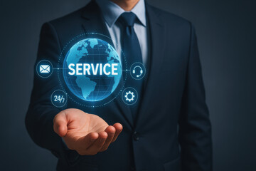 Businessman holding holographic globe with glowing SERVICE text and icons representing customer support and global