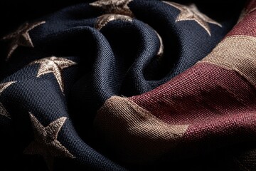 Fototapeta premium Close-up of a wrinkled American flag. Textured fabric with dark blue field, cream stars, and red, white stripes. Deep shadows enhance the folds