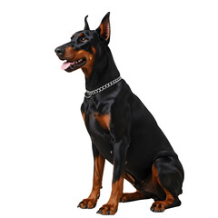 Doberman sitting in profile with collar and tongue out