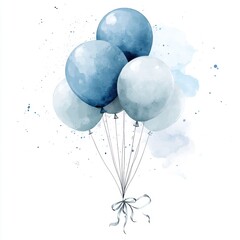Watercolor-style bunch of light blue and gray balloons tied with a ribbon