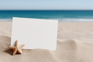 A serene beach scene featuring a blank white card nestled in fine sand alongside a delicate starfish reflecting tranquility and inspiration at the ocean's edge evoking calm and creativity