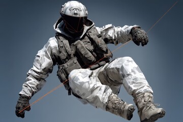 Dynamic aerial soldier in cutting-edge camouflage gear showcasing advanced tactical technology suspended mid-air against a clear backdrop representing modern military innovation and heroism