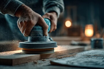 Professional carpenter working with an orbital sander on wooden board, close up.