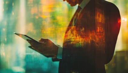 Businessman Using Tablet with Overlaid Data Visualization