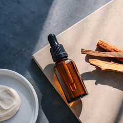 Licorice root serum bottle with glass label placed on a sleek podium, surrounded by a few dried liquorice root pieces