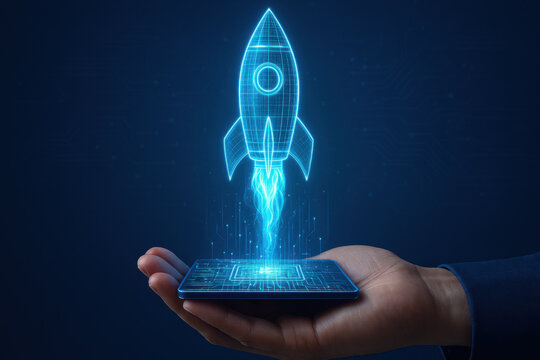Holographic rocket launching from digital platform held by human hand, showcasing futuristic innovation and startup concept deep tech environment