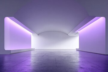 Empty, modern, white interior lit by purple accent lighting