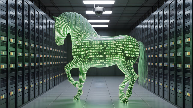Trojan Horse in a Data Center: A digital representation of a Trojan horse, constructed from lines of code, stands in a futuristic data center.