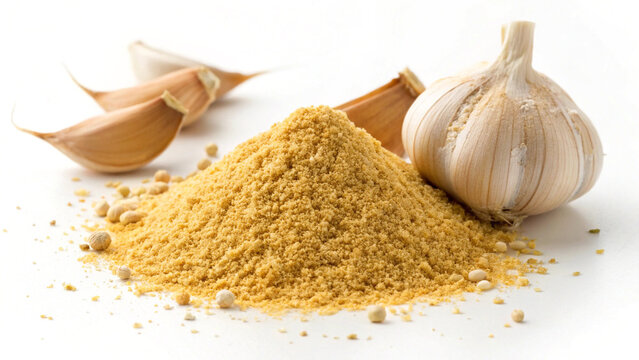 pile of Garlic powder spices on white background