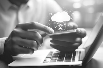 Man's hands using smartphone, cloud computing upload visualized