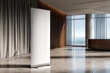 Blank retractable banner in a modern office lobby