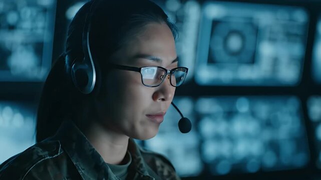 Female security operative in a futuristic command center communicating through headset monitoring advanced surveillance systems intense focus and strategic oper