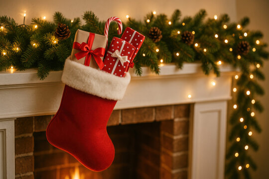 Cozy red stocking filled with gifts hangs over beautifully decorated fireplace mantel adorned with garlands and twinkling lights, creating festive