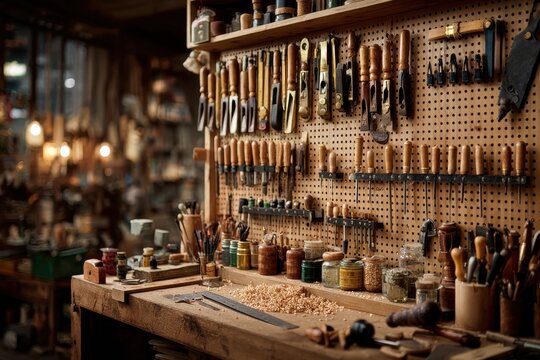 A craftsman's workshop with a workbench and many organized hand tools.