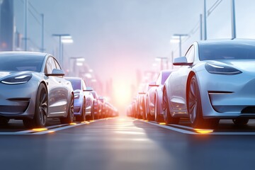 futuristic new energy vehicles against rising sun in background of modern city