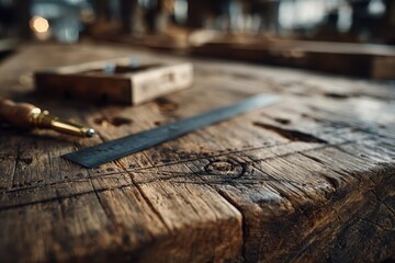 A detailed close-up of a rustic old wooden workbench with craftsman's tools.