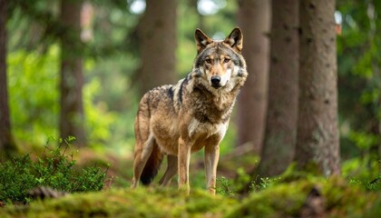Majestic Grey Wolf in a Lush Forest