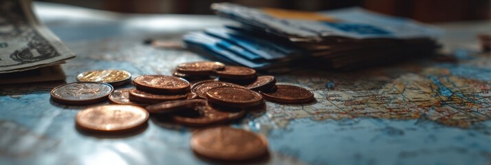 Coins and Banknotes Resting on a World Map Showcasing Travel Destinations and Financial Planning
