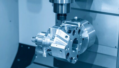 CNC machining process; metal workpiece being precisely shaped by a rotating cutting tool