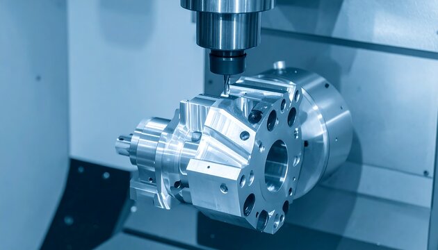 CNC machining process; metal workpiece being precisely shaped by a rotating cutting tool
