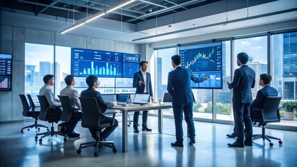 A modern boardroom meeting features business professionals discussing data analysis, with large screens displaying charts and graphs - Powered by Adobe