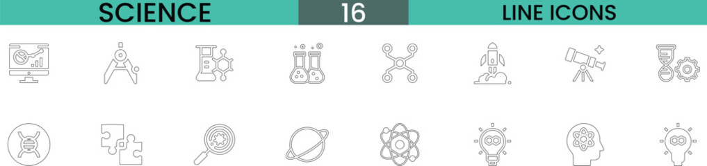 16 Science Line Icons Set - Chemistry, Physics, Biology, Laboratory Symbols