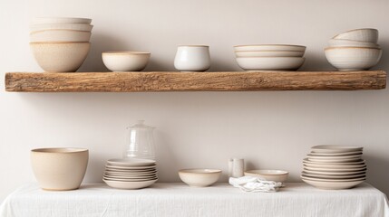 Ceramic Dishes on Rustic Wooden Shelf and Linen Table, Pottery, Homeware