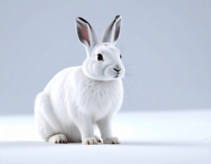 Obraz premium Adorable white rabbit sitting on a clean light gray surface with a soft shadow and minimal background, showcasing fluffy fur and alert expression in studio light