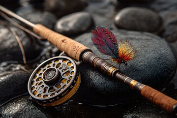 Fly fishing rod and lure on rocks by river