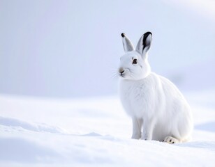 Obraz premium White rabbit sitting calmly on snow in a serene winter landscape with soft lighting and a clear sky, showcasing tranquility and natural beauty of wildlife in winter
