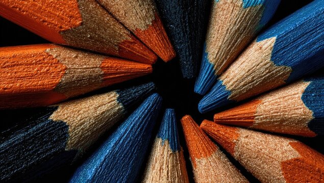 Close-up view of colored pencils, orange and blue, arranged in a radial pattern, focused on the points