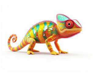 Obraz premium Vibrant colorful chameleon with detailed patterns and textured skin, showcasing bright greens pinks oranges blues and intricate design on white background