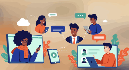 An illustration depicts various people communicating with each other online through laptops, tablets, and phones with speech bubbles connecting them.
