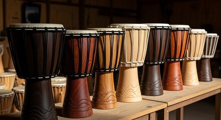 Several handcrafted wooden djembes displayed on a wooden table.