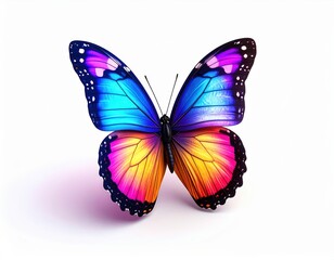 Fototapeta premium Vibrant butterfly with colorful wings displaying a gradient of blue purple and pink hues on a white background, detailed close-up of butterfly anatomy and wing pattern