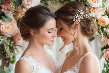 Generative AI image of lesbian wedding showing same sex love between two brides under floral arch outdoors