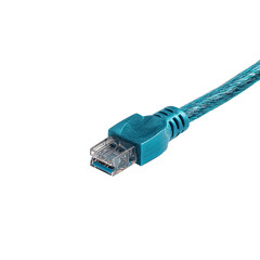 Close-up of a teal network cable connector